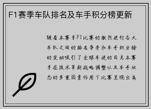 F1赛季车队排名及车手积分榜更新