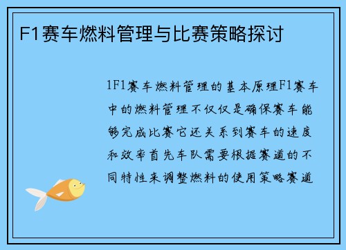 F1赛车燃料管理与比赛策略探讨