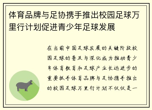 体育品牌与足协携手推出校园足球万里行计划促进青少年足球发展
