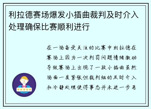 利拉德赛场爆发小插曲裁判及时介入处理确保比赛顺利进行